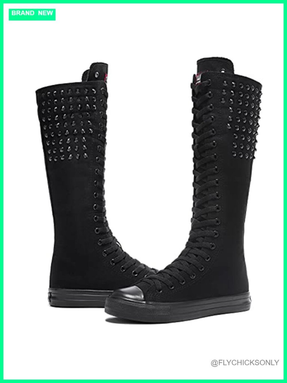 Canvas Rivet Knee-High Lace-Up Punk Boots - Picture 2 of 6
